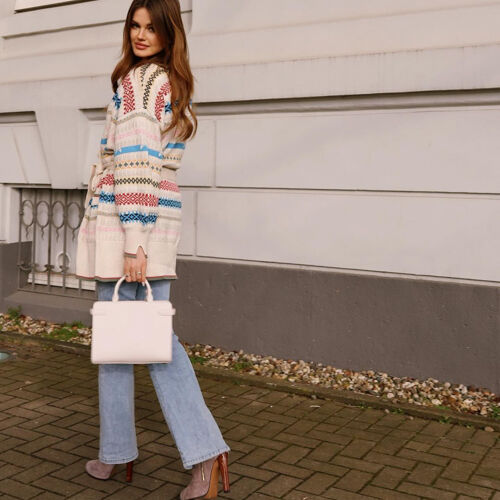 Multikleuren gestreept gebreid vest met ceintuur van zuiver katoen